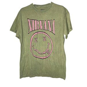 Nirvana Smiley Face Graphic T-Shirt Green Sz LG Cotton